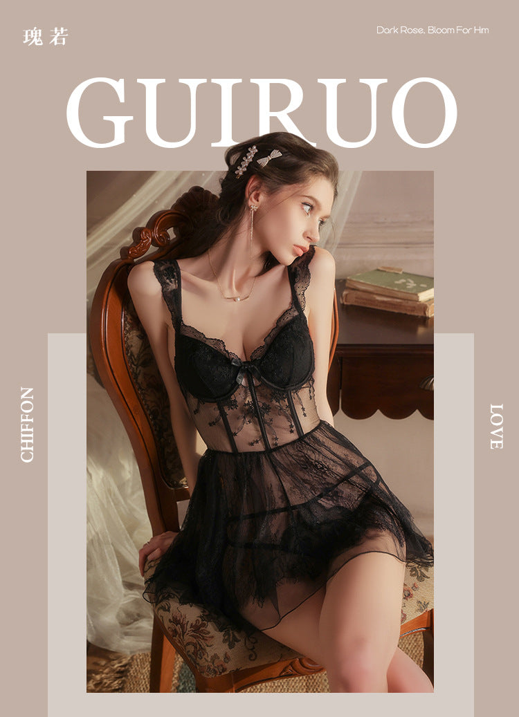 DZ Gueruo Brand Sexy Lingerie Hot and Deep V Backless Pure Desire Lace Nightdress Set with Underwire Bra Pads G5310