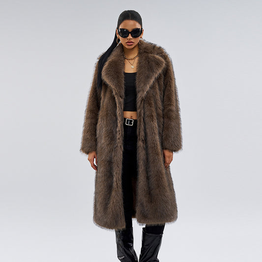 Cross-Border Source Autumn Winter New Fur Long Coat Fashionable Women's Casual Coat