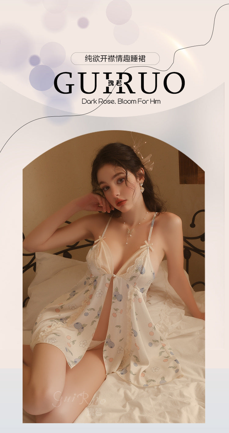 DZ Gorgeous Pure Desire Printed Satin Nightdress Passionate Hot Backless Sexy Open Front Plus Size Camisole Dress Set5140