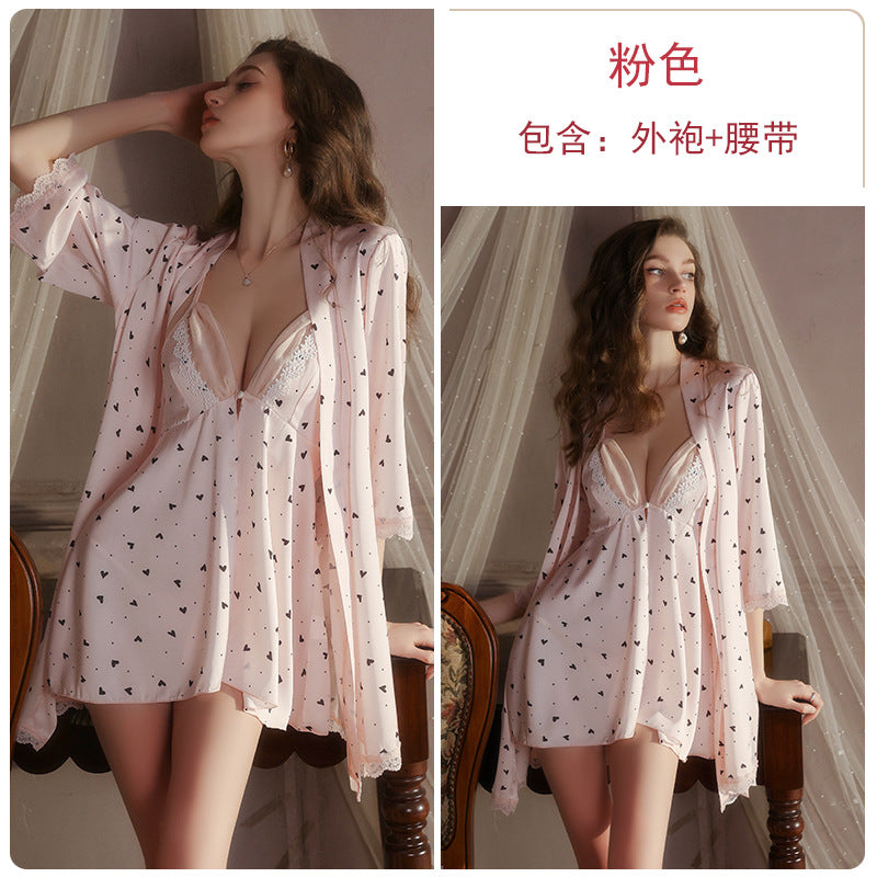 DZ Luxurious Plus Size Satin Lingerie Passionate Hot Slit Sexy Backless Nightdress Robe Women's Set5207