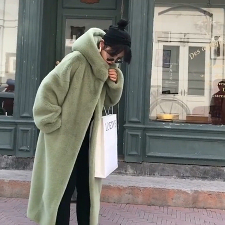 New Korean version of mink fur thick loose plush hooded long coat.