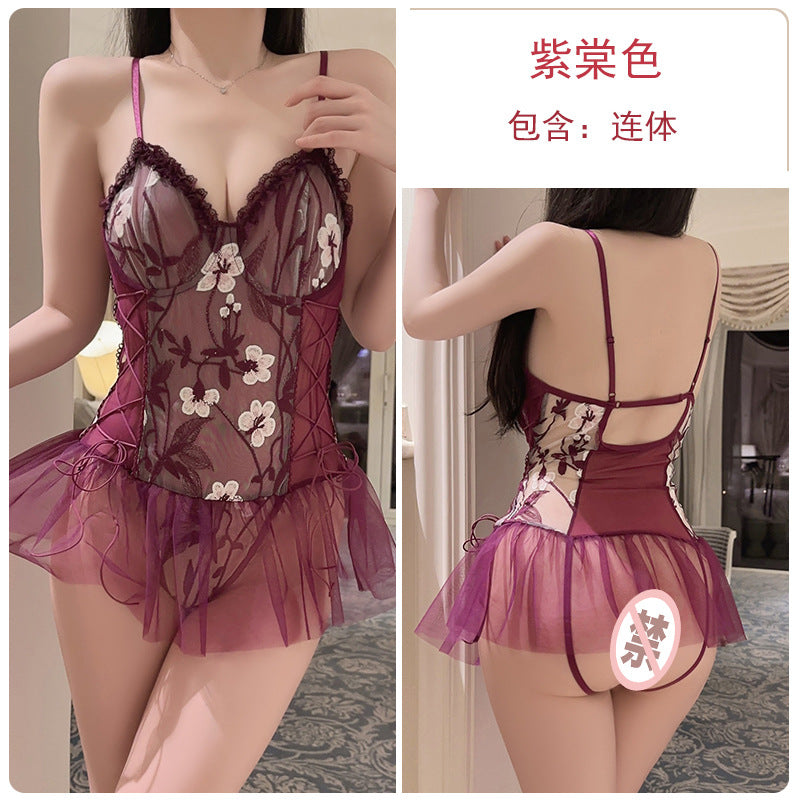 DZ Magnificent and Sensual Lingerie Sexy Deep V Backless Hot Gathered Underwire See-through Mesh One-piece Set5242