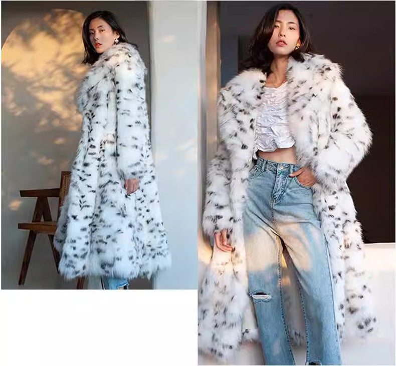 Winter Korean Style Leopard Print Shearling Coat for Women, Long Suit Collar Fox Fur Mink Coat