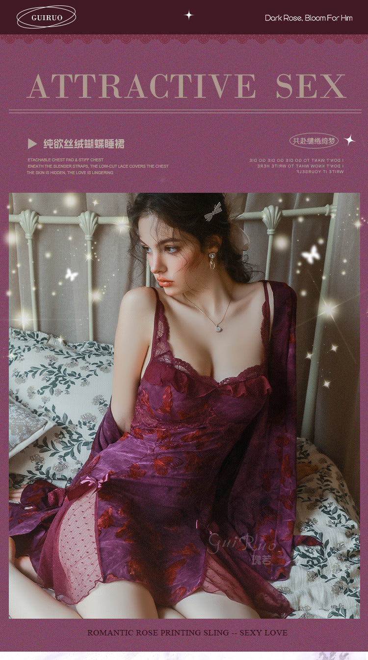 DZ Gorgeous Sexy Backless Nightdress Pure Desire Sweet Butterfly Print with Chest Pads Sleepwear Robe Women's Set QJ5286