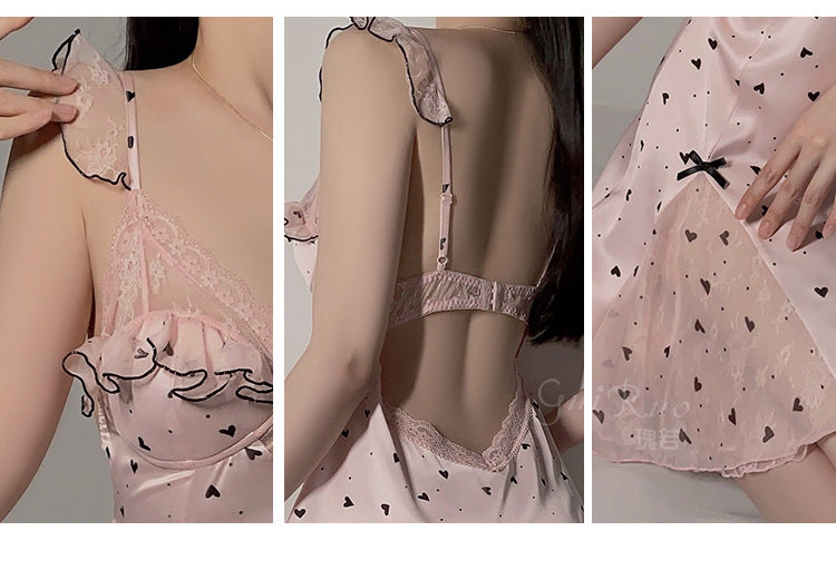 DZ Gorgeous Ice Silk Nightdress Sweet Mesh Lace with Chest Pads Plus Size Strap Nightdress Lazy Style Set P4823