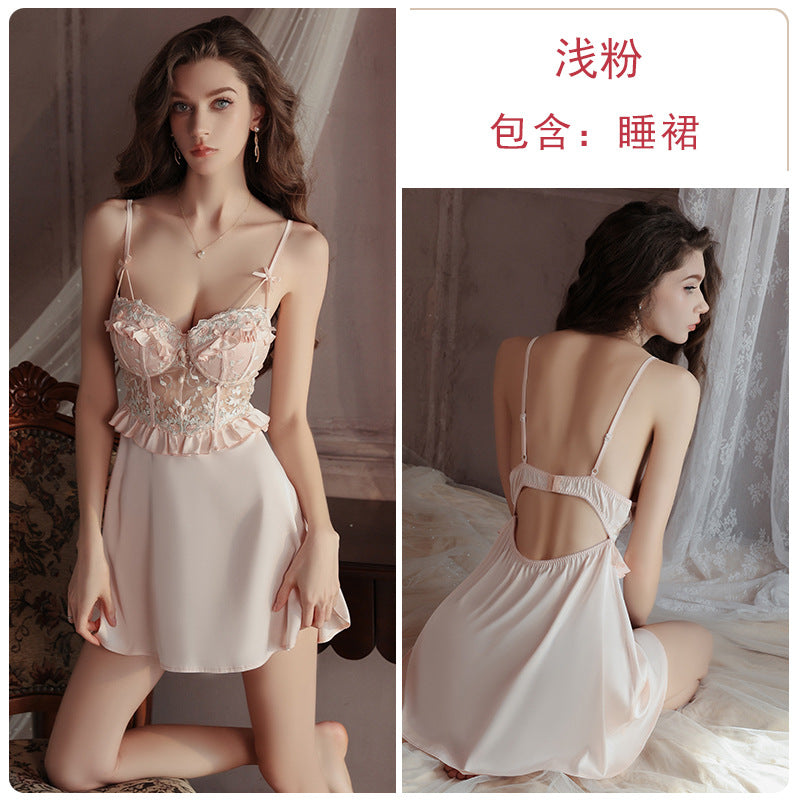 DZ Luxurious Plus Size Light Luxury Ice Silk Lingerie Passionate Hot Backless Sexy Padded Nightdress Robe Set4973