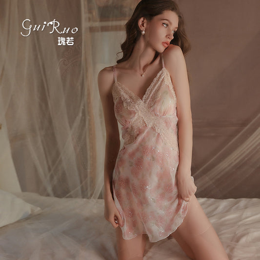 DZ Rose-like Deep V Padded Bra Sweet Sheer Chiffon Pure Desire Lace Camisole Nightdress Homewear Set4903