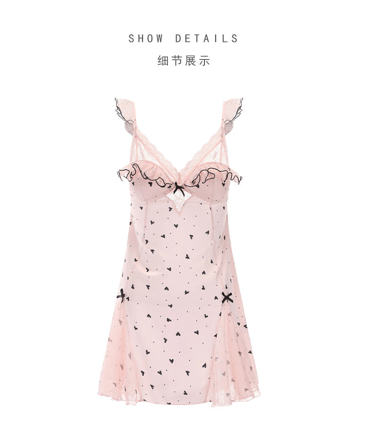 DZ Gorgeous Ice Silk Nightdress Sweet Mesh Lace with Chest Pads Plus Size Strap Nightdress Lazy Style Set P4823