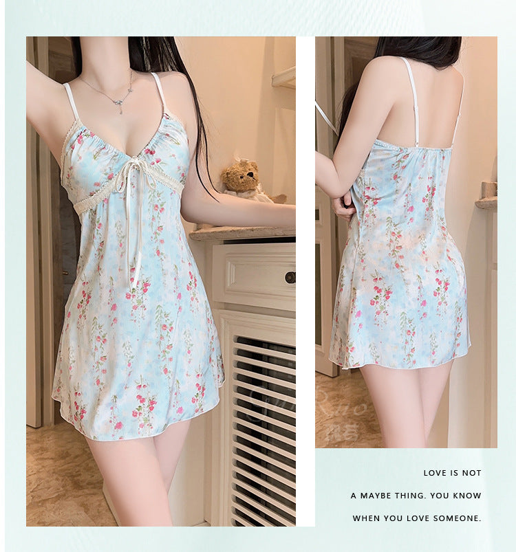 DZ Graceful New Luxury Silky Satin Printed Nightdress Sexy Temptation with Chest Pads Plus Size Set5298