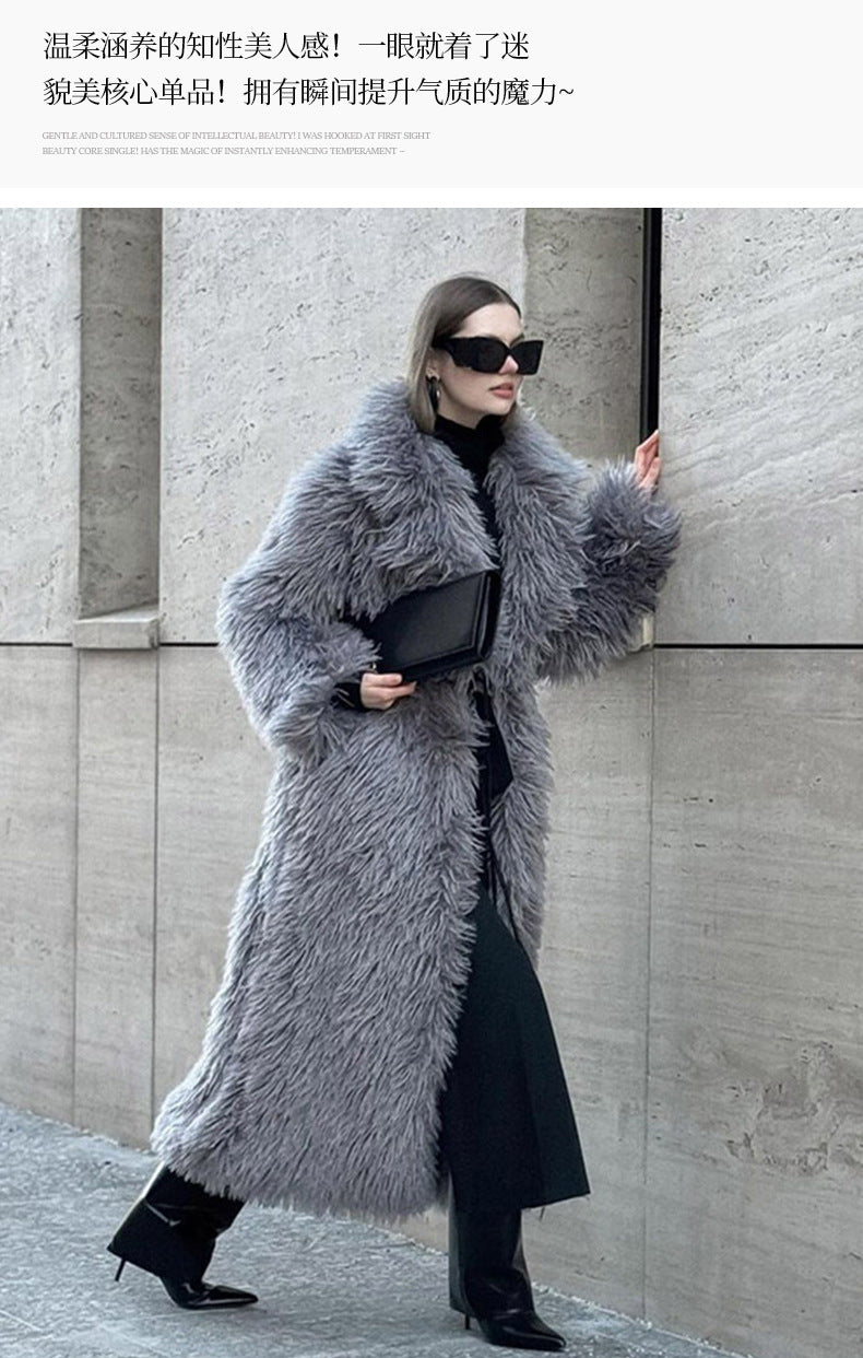 Long Fur Coat Long Hair Fur Winter Warm European and American Style Turn-Down Collar High-End Jacket