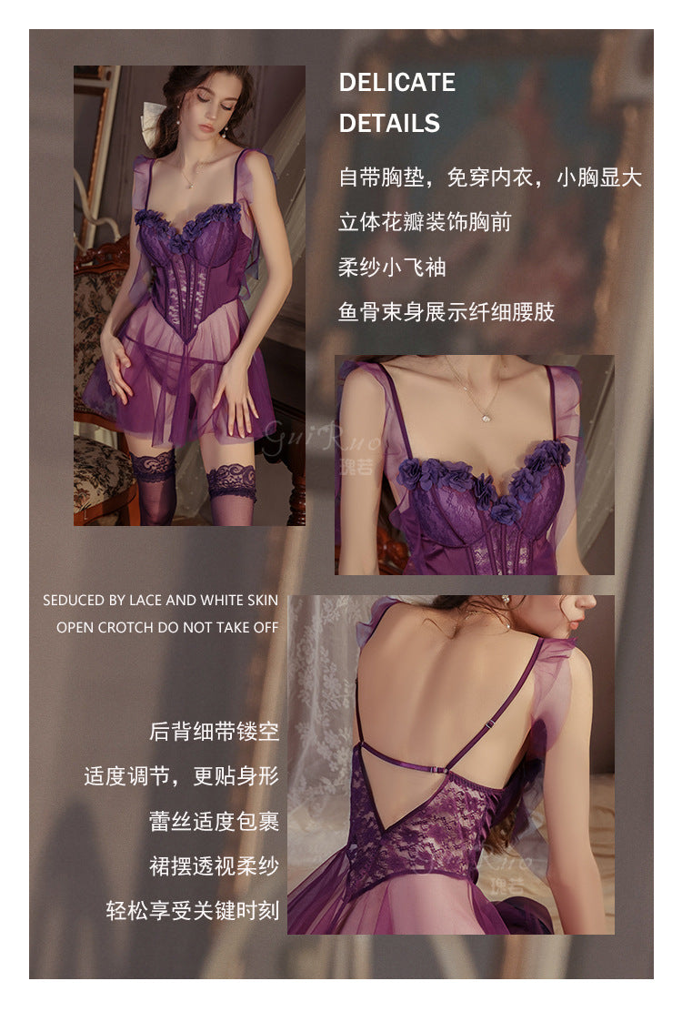 DZ Gorgeous Plus Size Lingerie Passionate Temptation Sheer Mesh Lazy Sleepwear with Chest Pads Sexy Set A5144