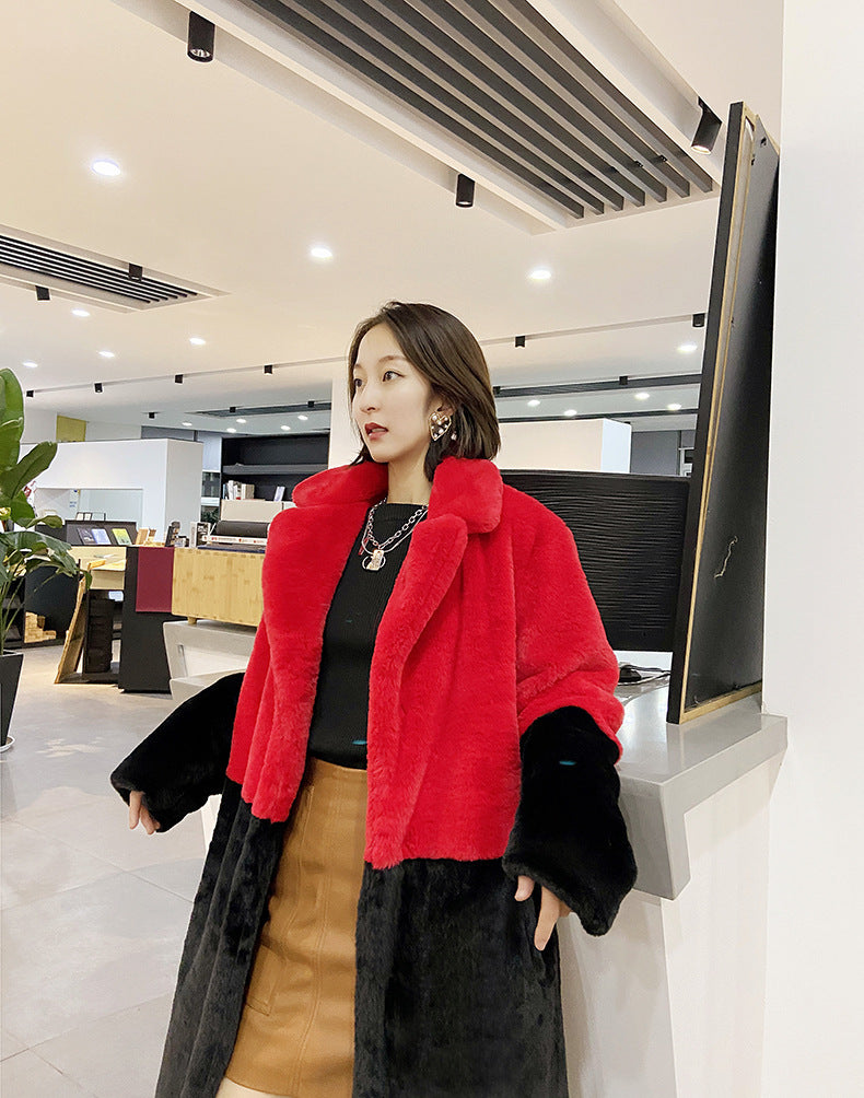 Loose mink fur stitching long coat Mao Mao suit collar women's coat