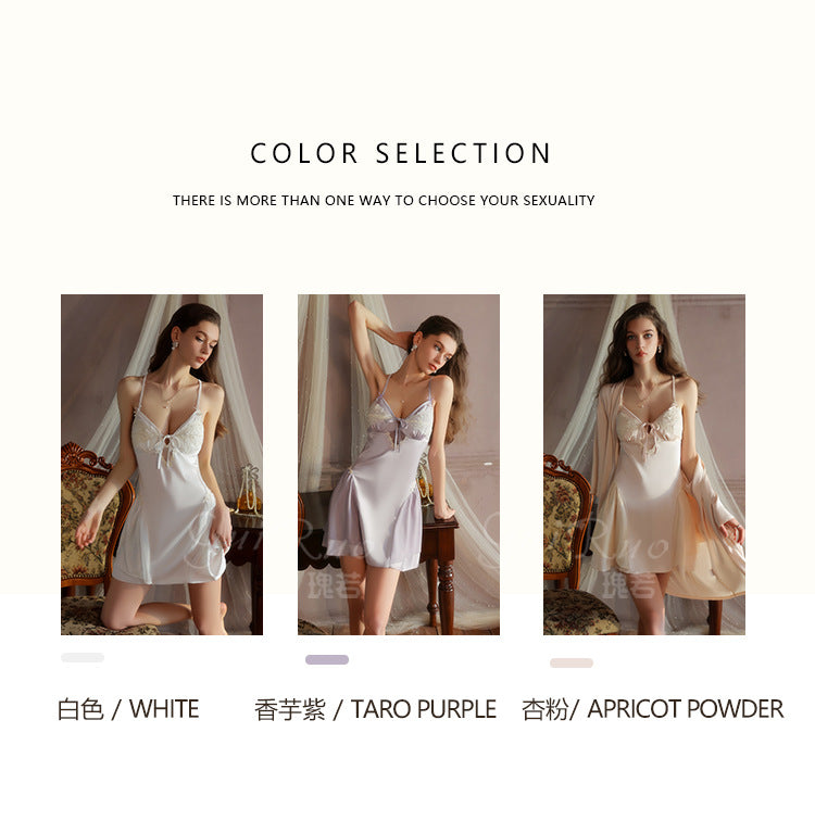 DZ Luxurious Plus Size Light Luxury Ice Silk Lingerie Passionate Hot Backless Padded Nightdress Robe Homewear Set4940