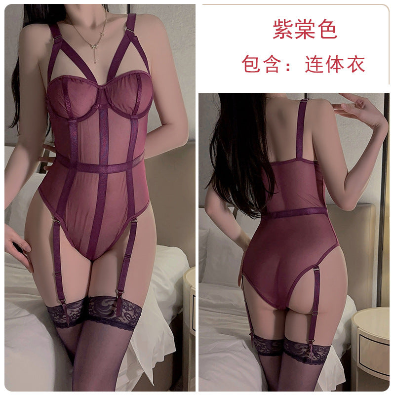 DZ Elegant Women's Lingerie Pure Desire Lazy See-through Mesh Sexy Underwire One-piece Uniform Set5420
