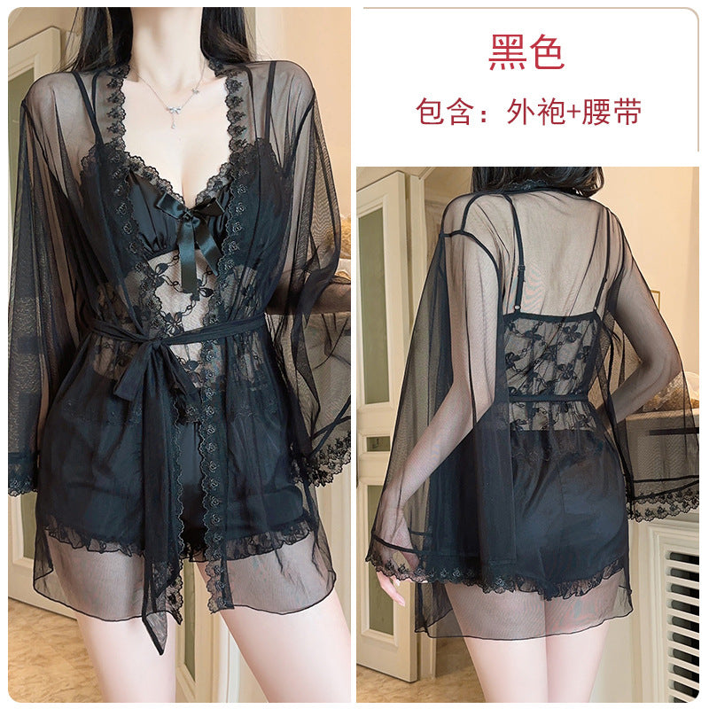 DZ Gorgeous Sweet Smooth Satin Lingerie Passionate Hot See-through Lace Padded Bra Top Three-piece Set5083