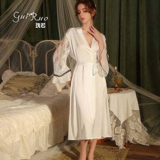 DZ Guiruo Brand Light Luxury Satin Nightgown Sweet See-through Lace Decoration Sexy Lace-up Robe Women's Set5471