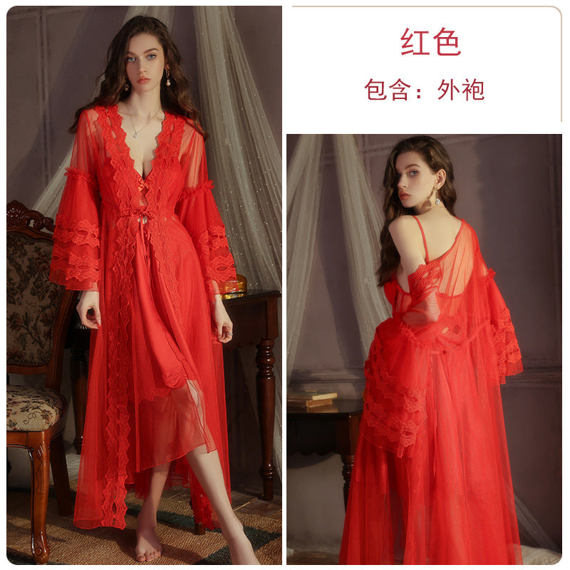 DZ Magnificent Plus Size Pure Desire Ice Silk Underwear Deep V Padded Temptation Lace Nightdress Robe Women's Set XJ5369