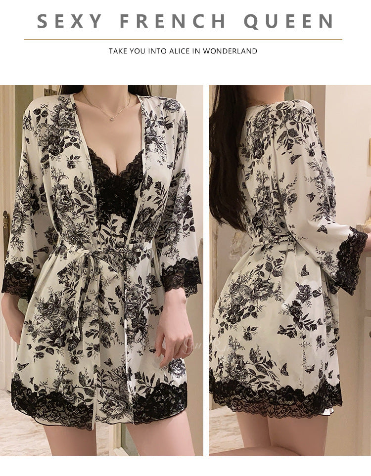 DZ Luxurious and Sexy Nightdress with Chest Pads, Sweet Ice Silk Nightgown and Robe Home Set4905