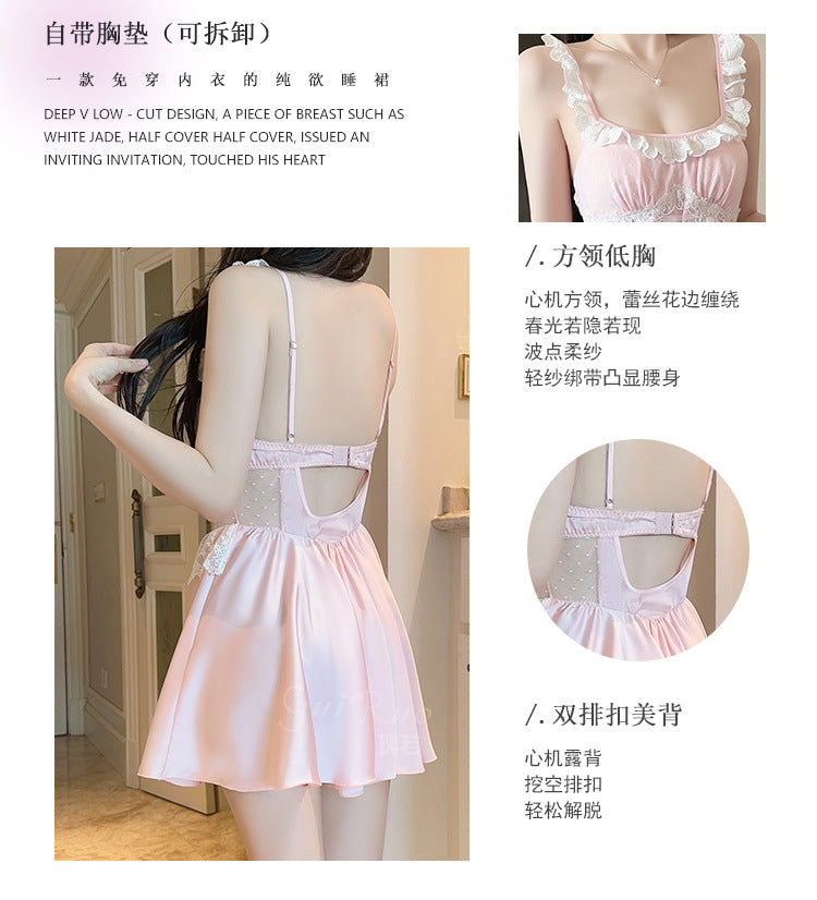 DZ Luxurious Plus Size Satin Nightgown Deep V Backless Pure Desire Sweet Nightdress with Chest Pads Home Set5395