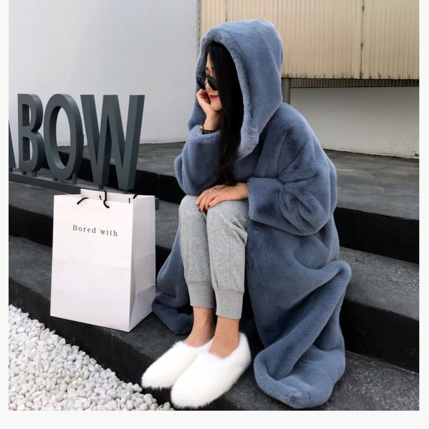 New Korean version of mink fur thick loose plush hooded long coat.
