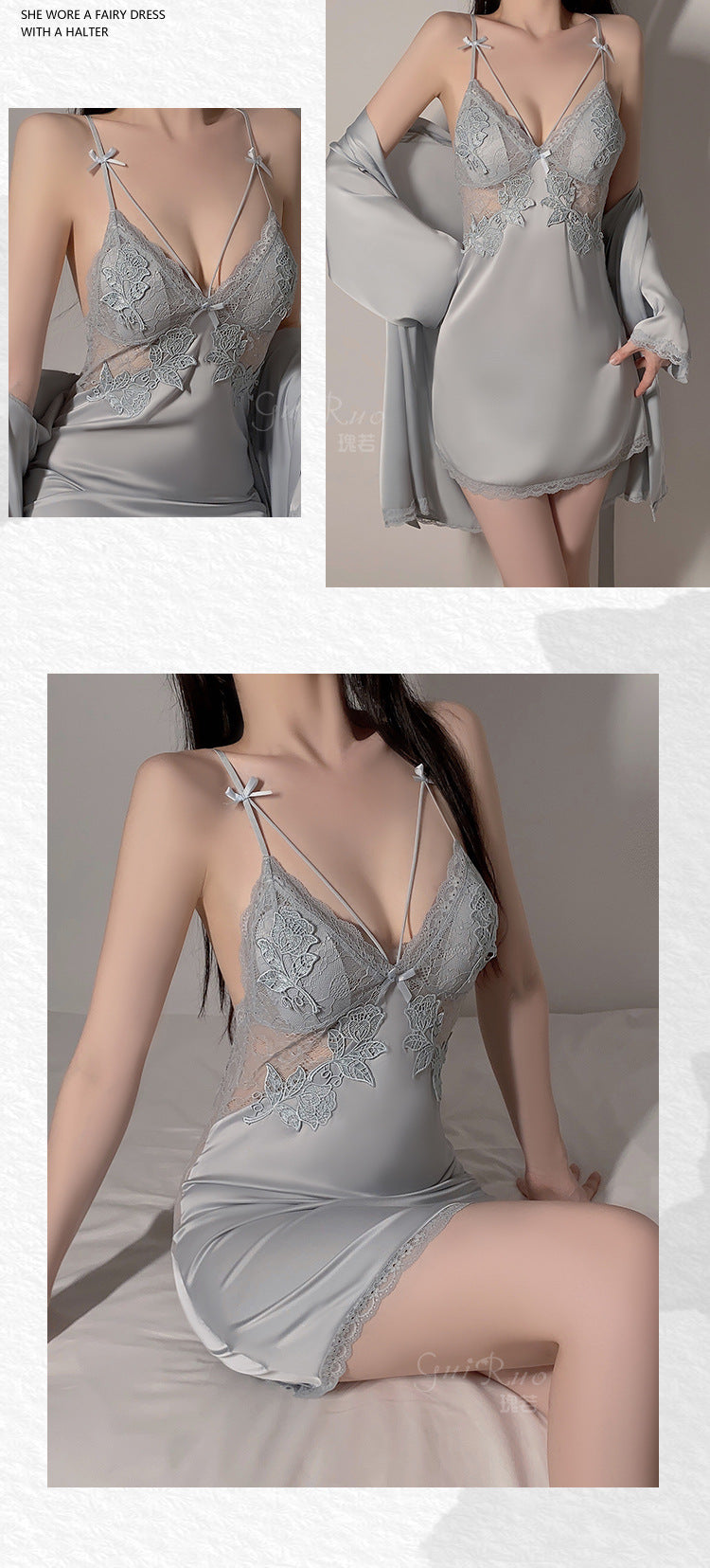 DZ Magnificent Summer Plus Size Nightdress with Chest Pads, Gathered Backless Strap Nightgown, Robe, Women's Homewear Set4372