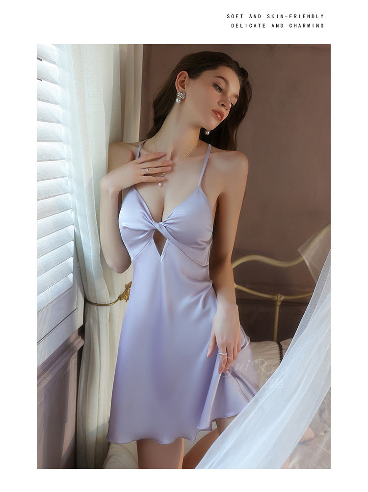 DZ Graceful Lady Sweet Light Luxury Satin Lingerie Passionate Hot Chest Pad Backless Nightdress Robe Set5591