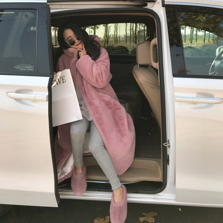 New Korean version of mink fur thick loose plush hooded long coat.