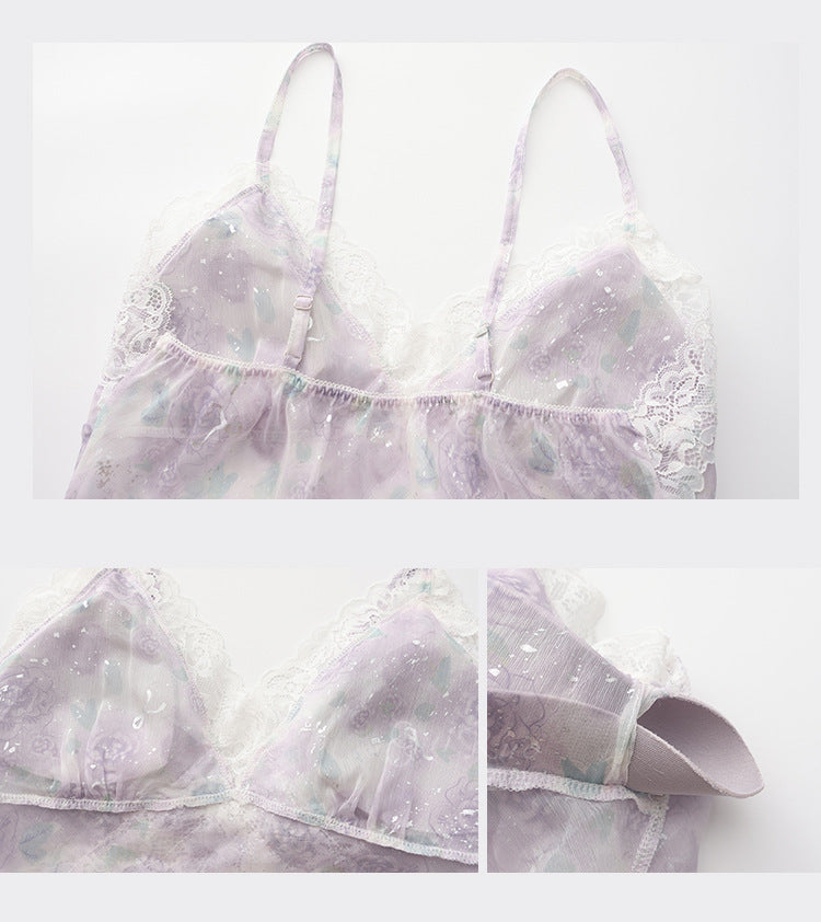 DZ Rose-like Deep V Padded Bra Sweet Sheer Chiffon Pure Desire Lace Camisole Nightdress Homewear Set4903