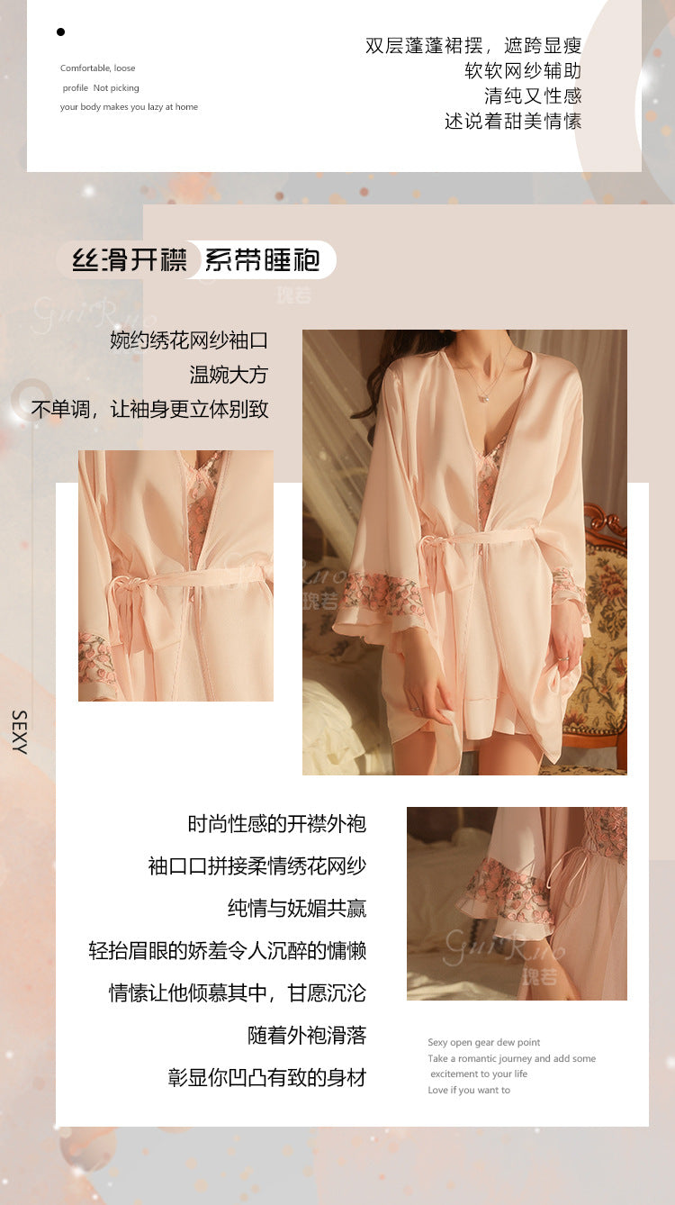 DZ Luxurious Ice Silk Lingerie Sweet Temptation Lace Deep V Padded Nightdress with Open Front Robe Set M5516