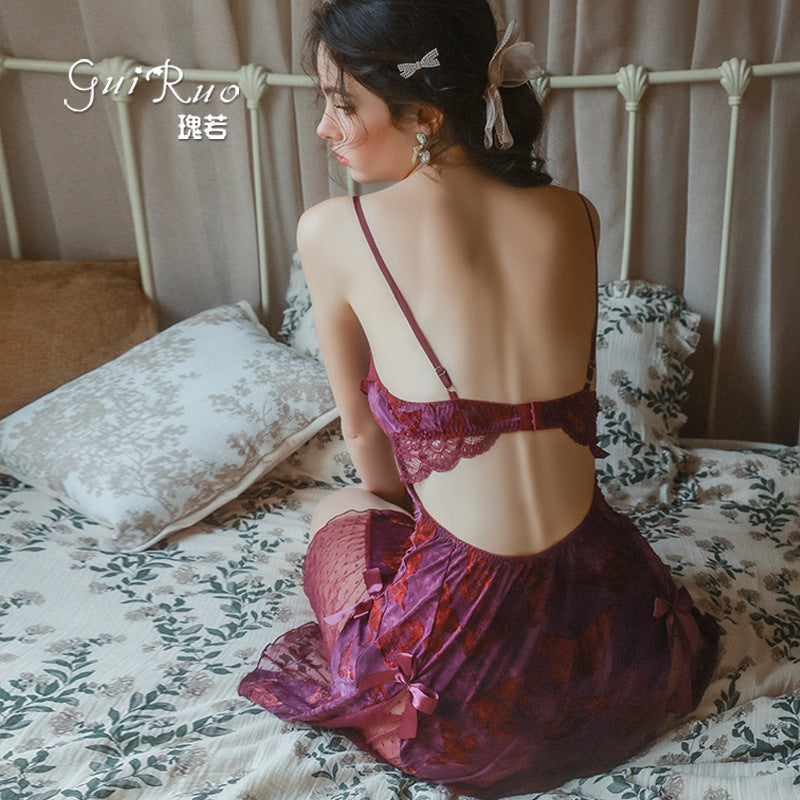 DZ Gorgeous Sexy Backless Nightdress Pure Desire Sweet Butterfly Print with Chest Pads Sleepwear Robe Women's Set QJ5286