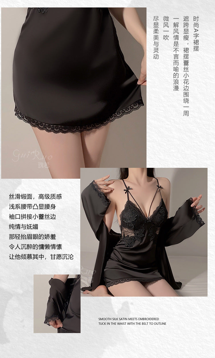 DZ Magnificent Summer Plus Size Nightdress with Chest Pads, Gathered Backless Strap Nightgown, Robe, Women's Homewear Set4372