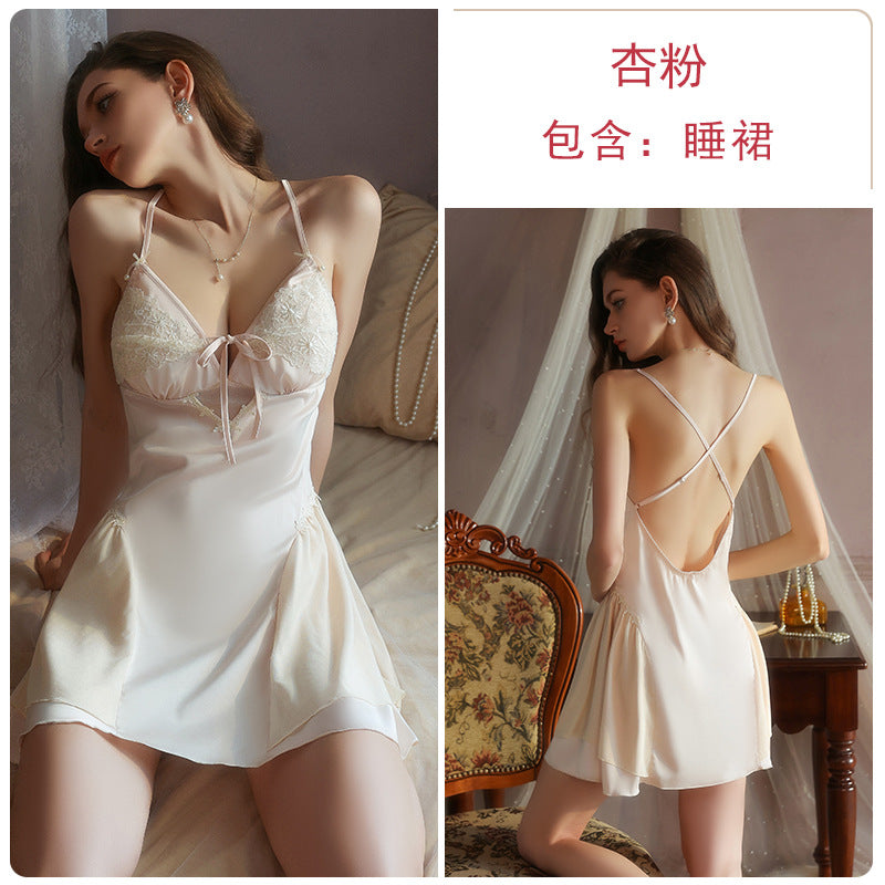 DZ Luxurious Plus Size Light Luxury Ice Silk Lingerie Passionate Hot Backless Padded Nightdress Robe Homewear Set4940