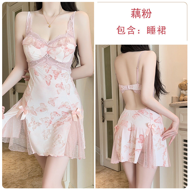 DZ Gorgeous Sexy Backless Nightdress Pure Desire Sweet Butterfly Print with Chest Pads Sleepwear Robe Women's Set QJ5286
