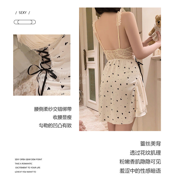 DZ Gorgeous Sexy Nightdress Pure Desire See-through Lace Hot Slim Fit with Chest Pads Plus Size Nightgown Home Set4902