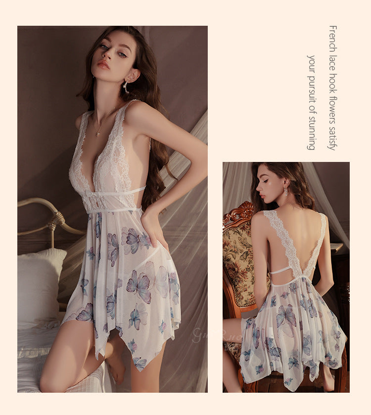 DZ Gorgeous Erotic Lingerie Passionate Temptation Backless Sweet See-through Mesh Sexy Irregular Nightdress Set5104