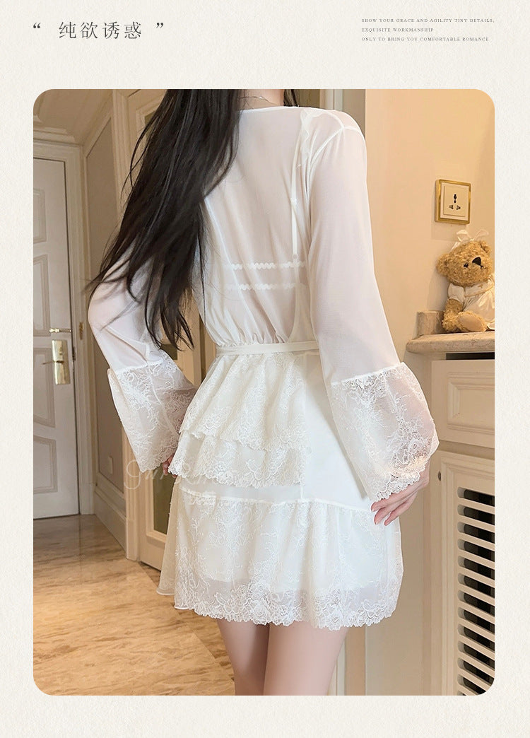 DZ Gorgeous Sexy Nightdress Passionate Temptation with Chest Pads Hot See-through Chiffon Lace Nightgown Robe Set5148