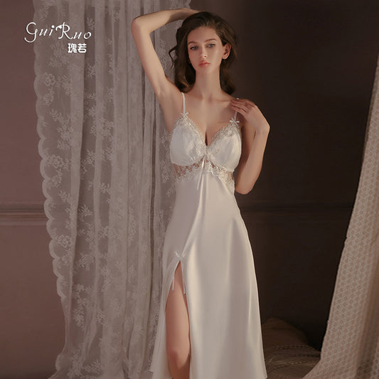 DZ Gorgeous Autumn Winter Sexy Slit Nightdress with Chest Pads Gathered Strap Nightgown Robe Homewear Set P4200