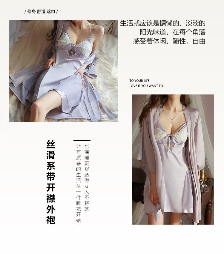 DZ Luxurious Plus Size Light Luxury Ice Silk Lingerie Passionate Hot Backless Padded Nightdress Robe Homewear Set4940