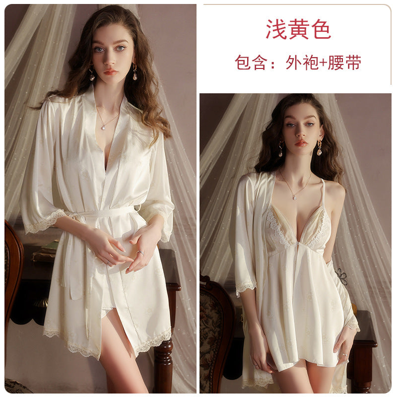 DZ Luxurious Plus Size Satin Lingerie Passionate Hot Slit Sexy Backless Nightdress Robe Women's Set5207