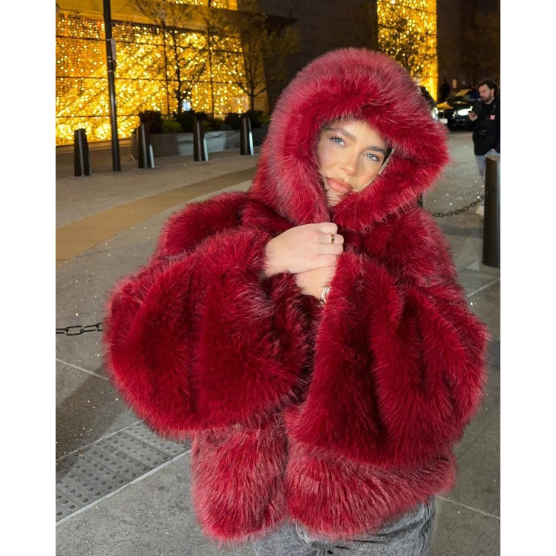 Solid Color Hooded Fur Coat Cross-Border European and American Style Eye-Catching Warm Comfortable Fashionable Fur