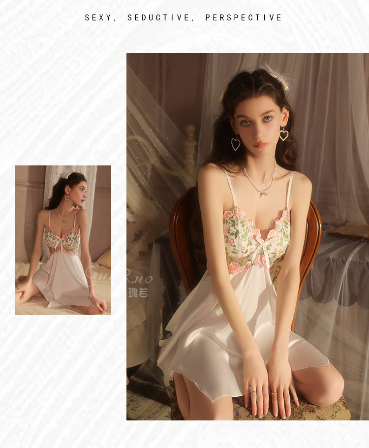 DZ Gorgeous Hot Padded Nightdress Light Luxury Mesh Backless Sexy Silky Satin Nightgown Homewear Set5228