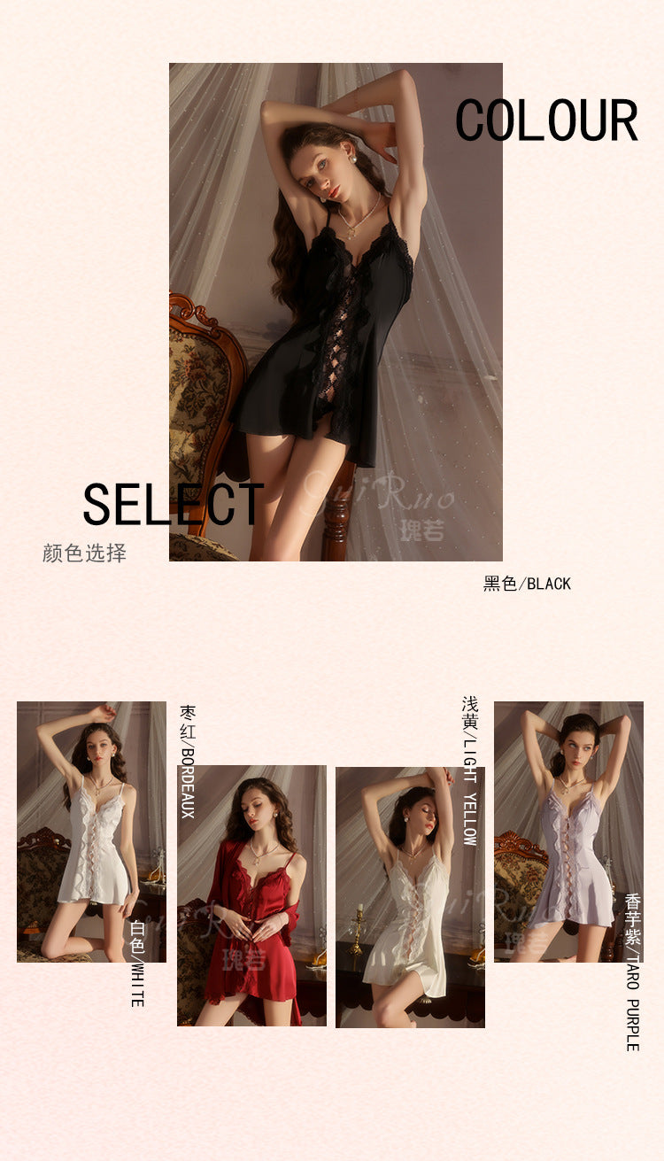 DZ Luxurious Smooth Ice Silk Nightdress Sexy Sheer Lace Deep V Open-front Nightdress and Robe Women's Set5219