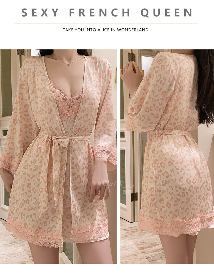 DZ Luxurious and Sexy Nightdress with Chest Pads, Sweet Ice Silk Nightgown and Robe Home Set4905