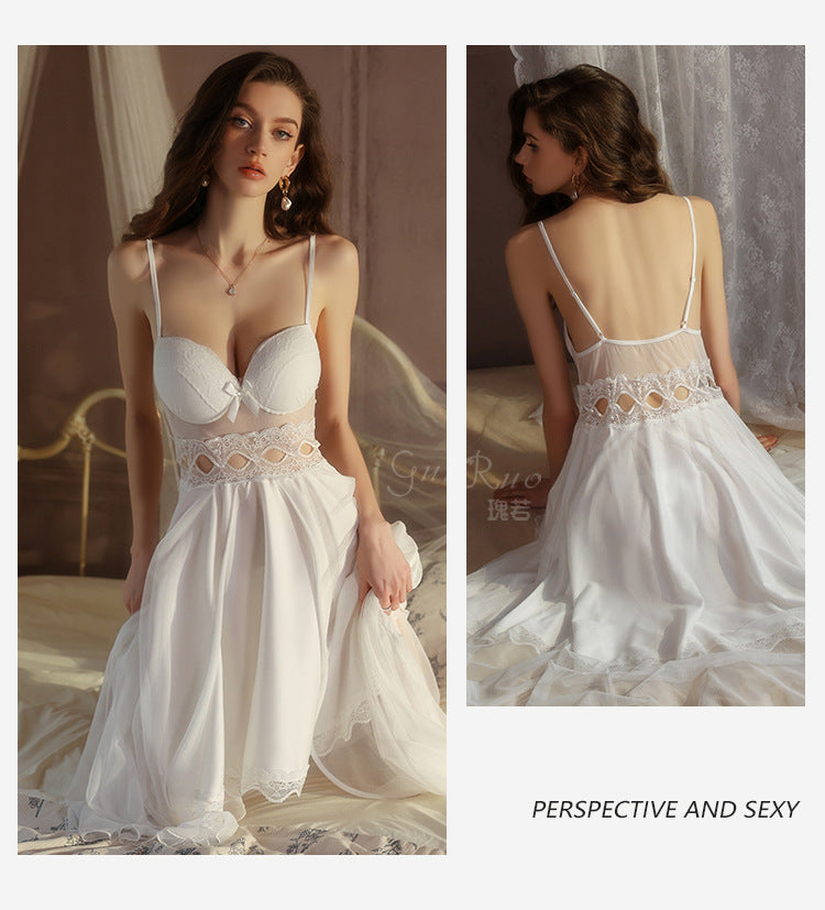 DZ Magnificent Plus Size Pure Desire Ice Silk Underwear Deep V Padded Temptation Lace Nightdress Robe Women's Set XJ5369