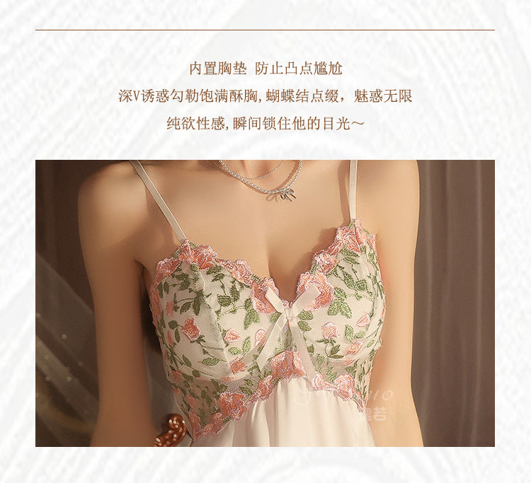 DZ Gorgeous Hot Padded Nightdress Light Luxury Mesh Backless Sexy Silky Satin Nightgown Homewear Set5228