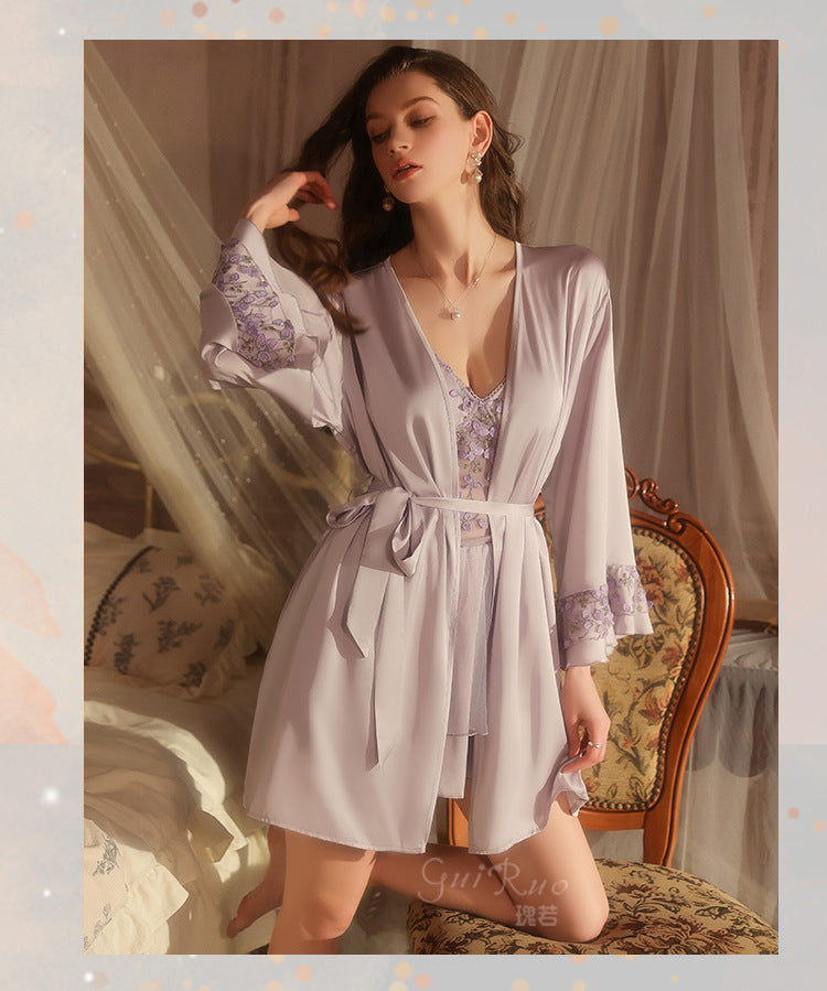 DZ Luxurious Ice Silk Lingerie Sweet Temptation Lace Deep V Padded Nightdress with Open Front Robe Set M5516