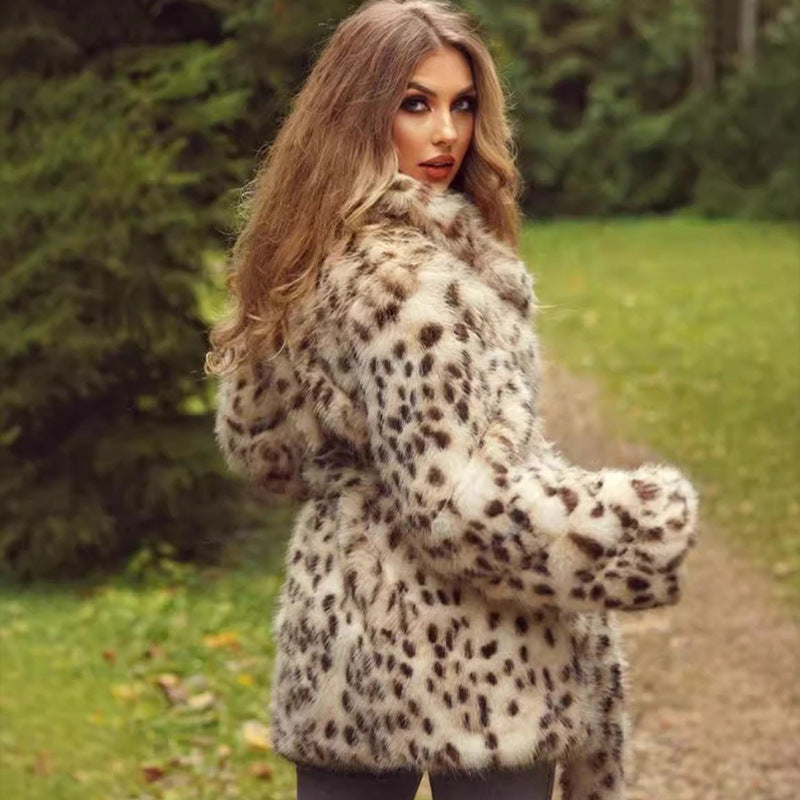 Europe, America, autumn and winter, new plus size women's fur leopard coat, suit collar and long section.