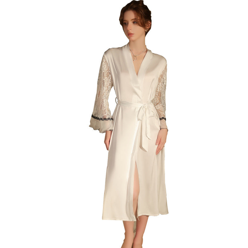 DZ Guiruo Brand Light Luxury Satin Nightgown Sweet See-through Lace Decoration Sexy Lace-up Robe Women's Set5471