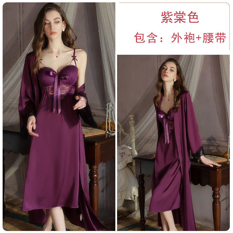DZ Gorgeous Sexy Satin Nightdress Light Luxury Sweet Lace Deep V Gathered Padded Nightdress and Robe Set5045