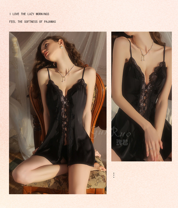 DZ Luxurious Smooth Ice Silk Nightdress Sexy Sheer Lace Deep V Open-front Nightdress and Robe Women's Set5219
